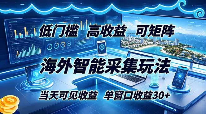 海外智能采集玩法，低门槛高单价可矩阵，当天可见收益，单窗口30+ - 来及网络