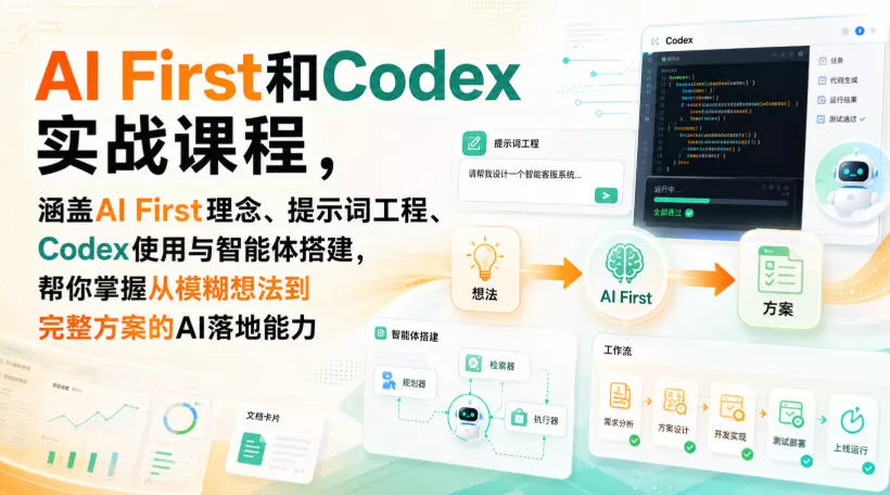 AI First和Codex实战课，涵盖AI First理念、提示词工程、Codex使用与智能体搭建，掌握从模糊想法到完整方案的AI落地能力 - 来及网络