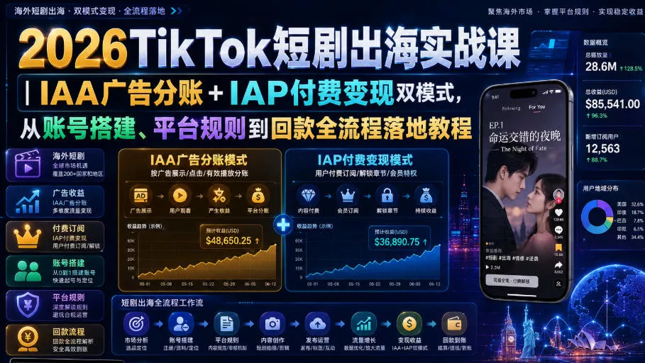 2026TikTok短剧出海实战课｜IAA广告分账+IAP付费变现双模式，从账号搭建、平台规则到回款全流程落地教程 - 来及网络