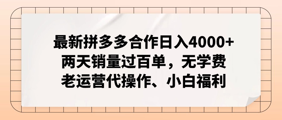 （12869期）拼多多最新合作日入4000+两天销量过百单，无学费、老运营代操作、小白福利 - 来及网络