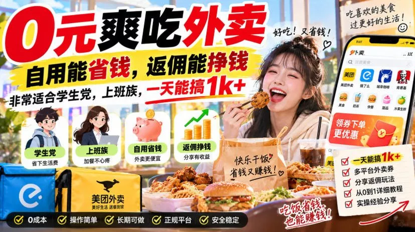 0元爽吃外卖，自用能省钱，返佣能挣钱，非常适合学生党，上班族，一天能搞1k+ - 来及网络