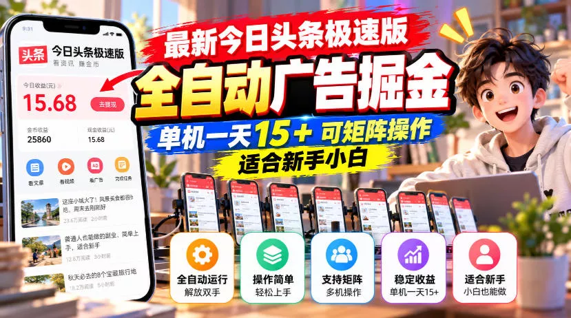 最新今日头条极速版全自动广告掘金，单机一天15+可矩阵操作适合新手小白 - 来及网络