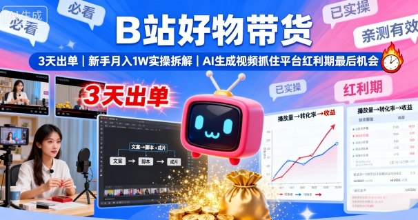 B站好物带货，3天出单，新手月入1W实操拆解，AI生成视频，抓住平台红利期最后机会 - 来及网络