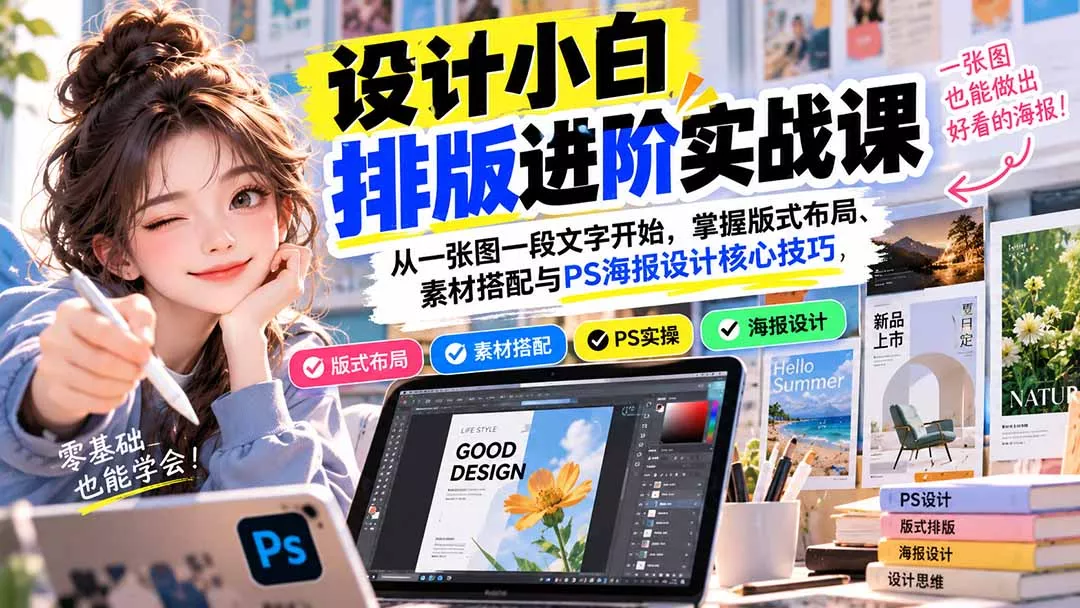 设计小白排版进阶实战课：从一张图一段文字开始，掌握版式布局、素材搭配与PS海报设计核心技巧 - 来及网络
