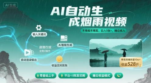 不用拍不用剪！AI自动生成烟雨视频，日入5张+，睡后收入 - 来及网络