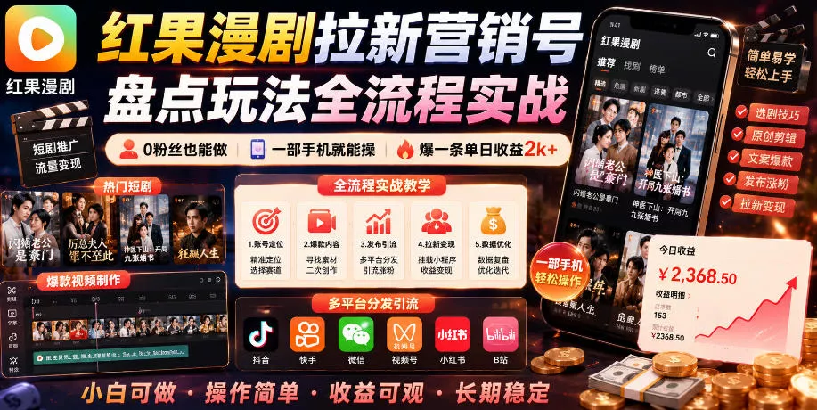 红果漫剧拉新营销号盘点玩法全流程实战，0粉丝也能做，一部手机就能做，爆一条单日收益2k+ - 来及网络