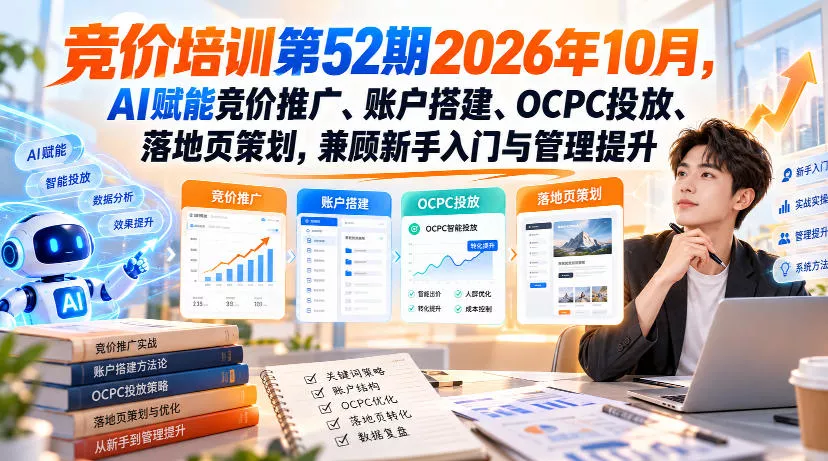 【无水印】竞价培训第52期2026年10月，AI赋能竞价推广、账户搭建、OCPC投放、落地页策划，兼顾新手入门与管理提升 - 来及网络
