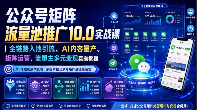 公众号矩阵流量池推广10.0实战课｜全链路入池引流、AI内容量产、矩阵运营、流量主多元变现实操教程 - 来及网络