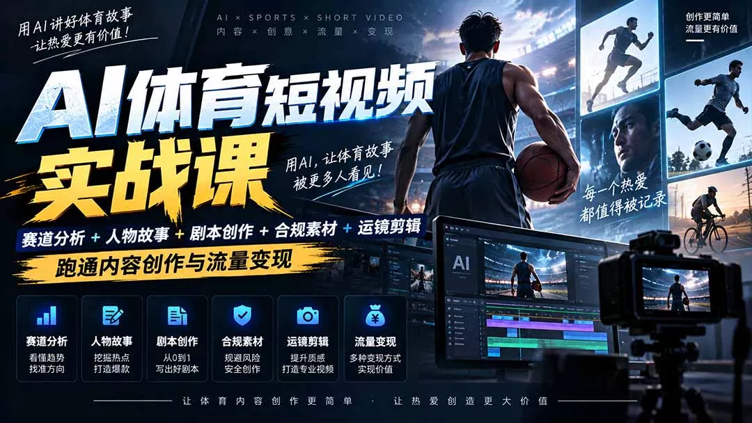 AI体育短视频赛道顶级玩法｜赛道分析+人物故事+剧本创作+版权处理+运镜剪辑，跑通流量变现-日赚1K+ - 来及网络
