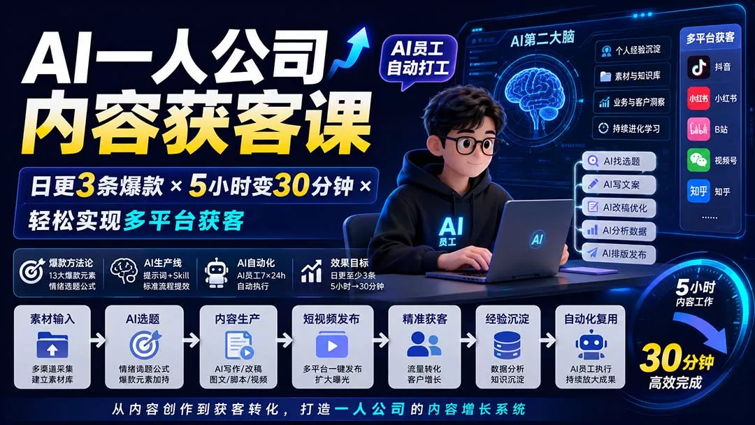 AI一人公司内容获客课-更新8月：日更3条爆款×5小时变30分钟×AI员工自动打工，轻松实现多平台获客 - 来及网络