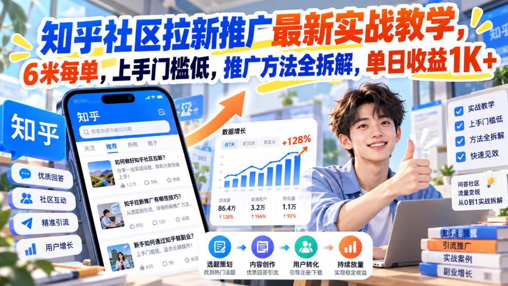 知乎社区拉新推广最新实战教学，6米每单，上手门槛低，推广方法全拆解，单日收益1K+！(更新0930) - 来及网络