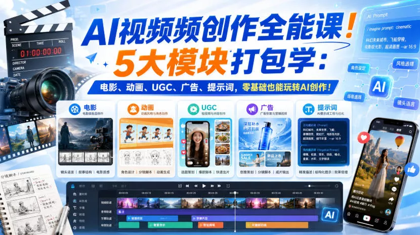 AI视频频创作全能课！5大模块打包学：电影、动画、UGC、广告、提示词，零基础也能玩转AI创作！【原创双语字幕】 - 来及网络