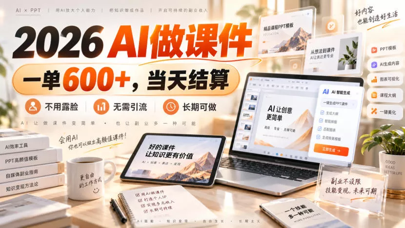 2026 AI做课件，一单600+，当天结算，不用露脸，无需引流，长期可做【揭秘】 - 来及网络
