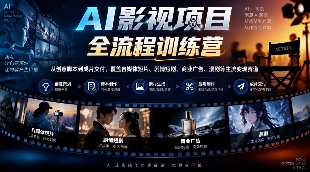 AI影视项目全流程训练营，从创意脚本到成片交付，覆盖自媒体短片、剧情短剧、商业广告、漫剧等主流变现赛道 - 来及网络