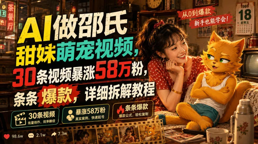 AI做邵氏甜妹萌宠视频，30条视频暴涨58万粉，条条爆款，详细拆解教程 - 来及网络
