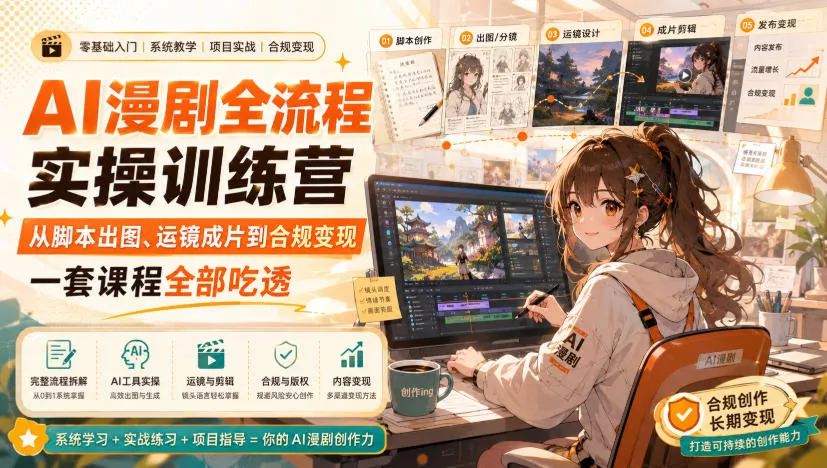 AI漫剧全流程实操训练营，从脚本出图、运镜成片到合规变现，一套课程全部吃透 - 来及网络