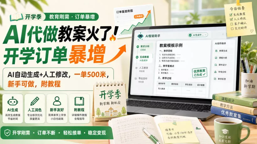 AI代做教案火了！开学订单暴增，AI自动生成+人工修改，一单500米，新手可做，附教程【揭秘】 - 来及网络