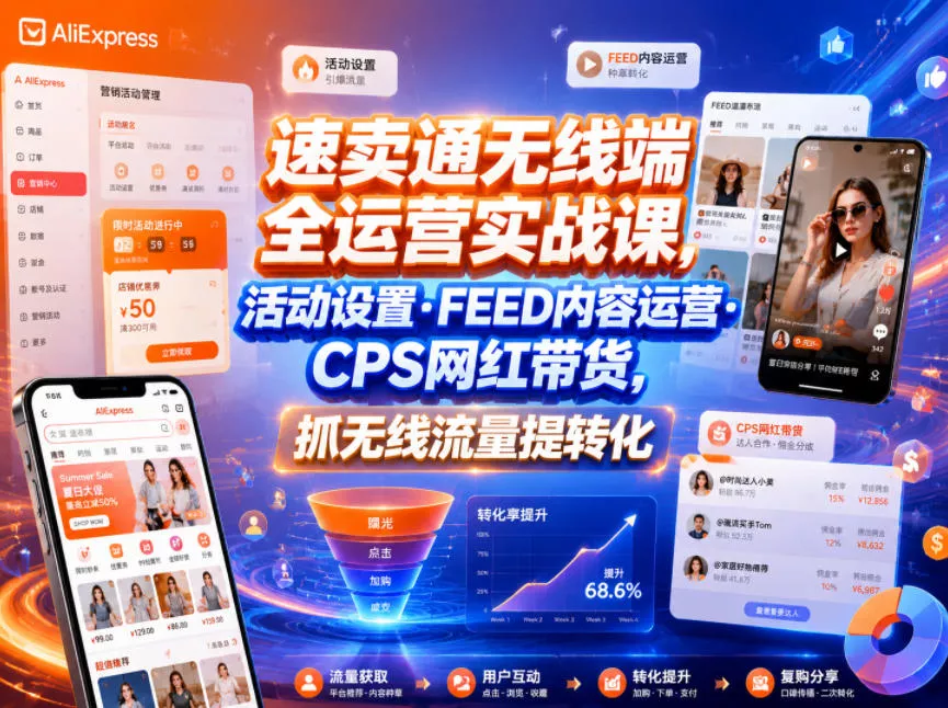 速卖通无线端全运营实战课，活动设置・FEED内容运营・CPS网红带货，抓无线流量提转化 - 来及网络