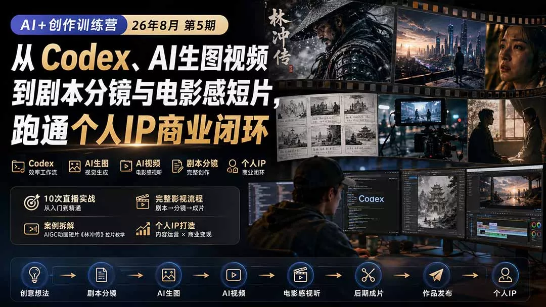 AI+创作训练营26年8月第5期：从Codex、AI生图视频到剧本分镜与电影感短片，跑通个人IP商业闭环 - 来及网络