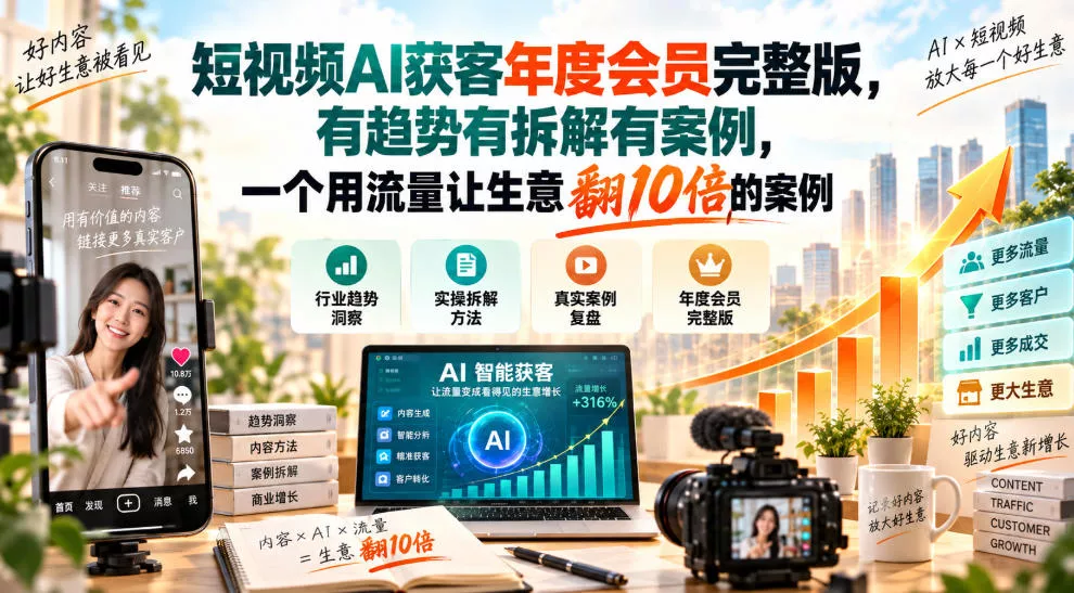 短视频AI获客年度会员完整版，有趋势有拆解有案例，一个用流量让生意翻10倍的案例 - 来及网络