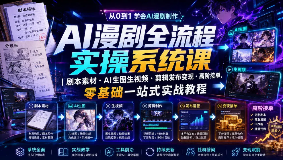 AI漫剧全流程实操系统课｜剧本素材・AI生图生视频・剪辑发布变现・高阶接单，零基础一站式实战教程 - 来及网络