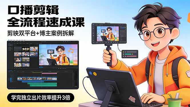（17420期）口播剪辑全流程速成课，剪映双平台+博主案例拆解，学完独立出片效率提升3倍 - 来及网络