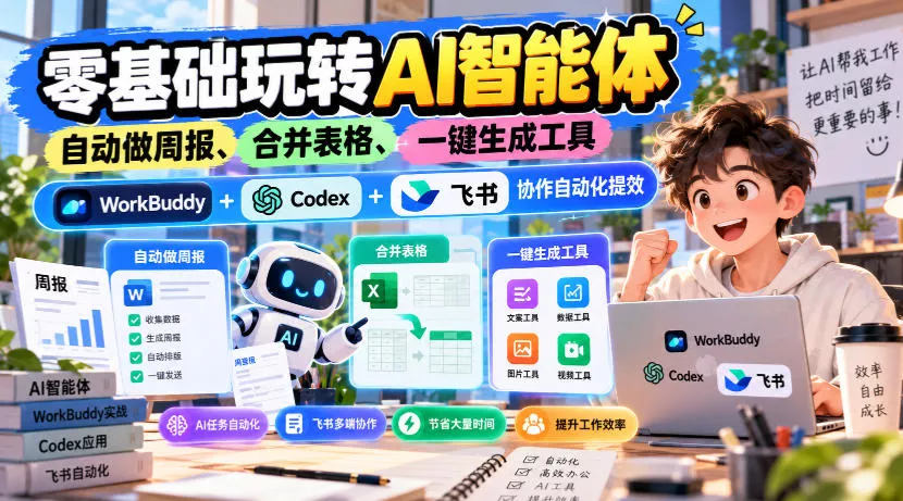 【无水印】零基础玩转AI智能体，自动做周报、合并表格、一键生成工具，WorkBuddy+Codex + 飞书协作自动化提效 - 来及网络