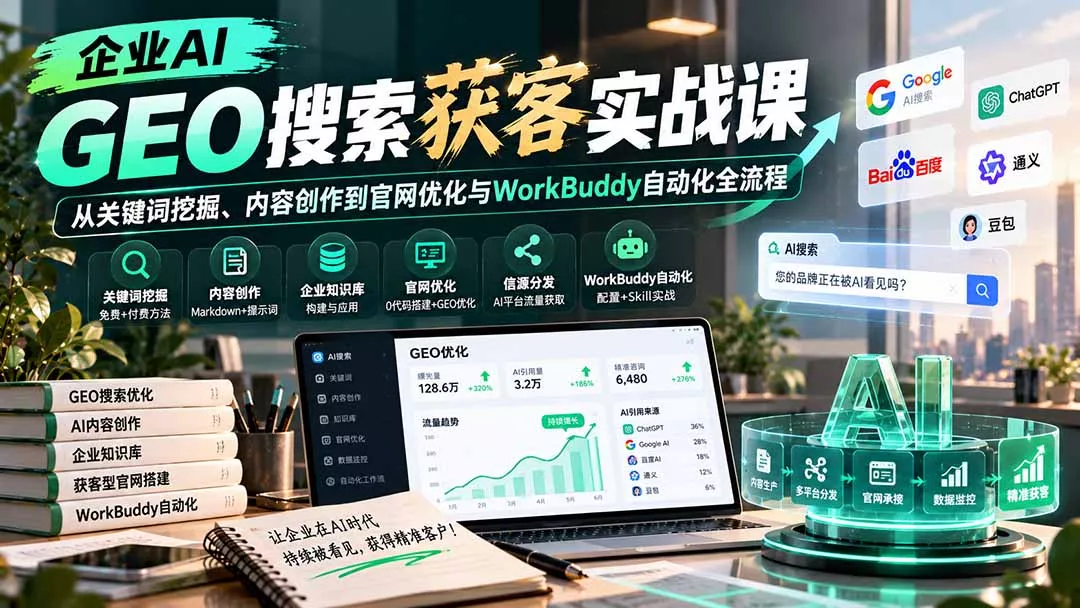 企业AI GEO搜索获客实战课：从关键词挖掘、内容创作到官网优化与WorkBuddy自动化全流程 - 来及网络