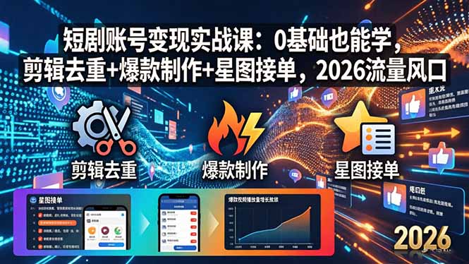 短剧账号变现实战课：0基础也能学，剪辑去重+爆款制作+星图接单，2026流量风口 - 来及网络