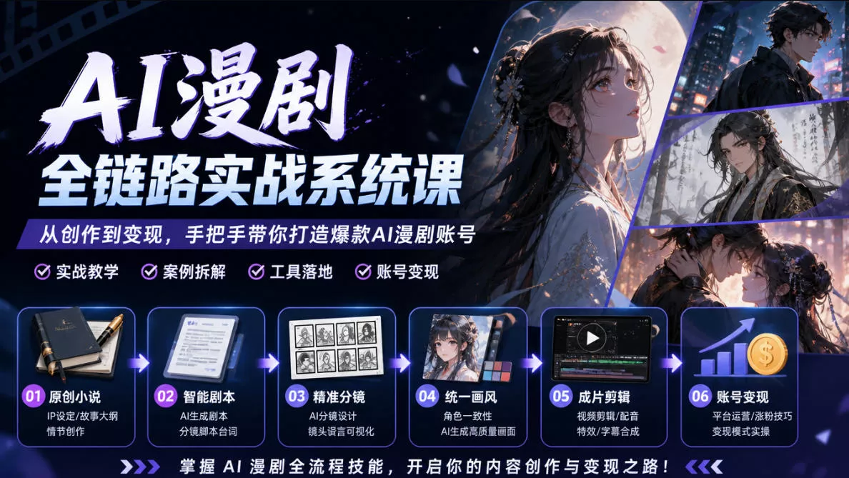 AI漫剧全链路实战系统课｜原创小说、智能剧本、精准分镜、统一画风、成片剪辑、账号变现实操教学(更新1018) - 来及网络