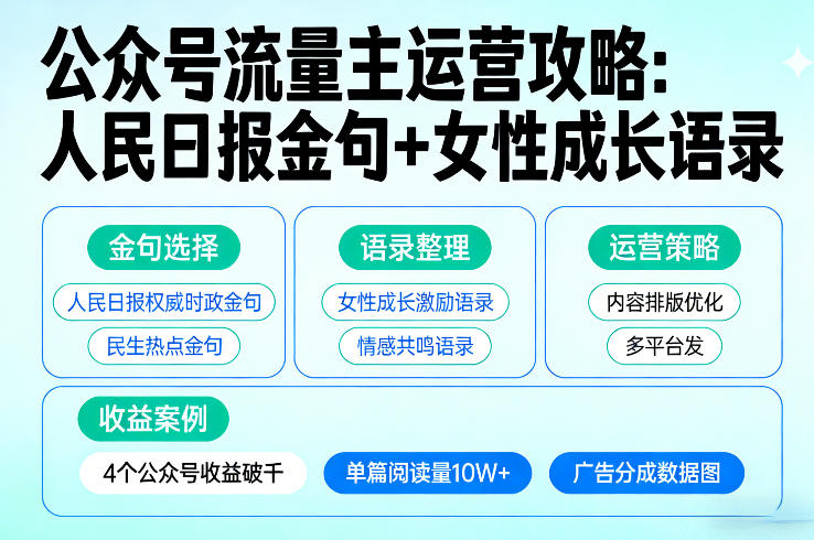 利用人民日报金句+女性成长语录做公众号流量主，4个公众号收益破千 - 来及网络