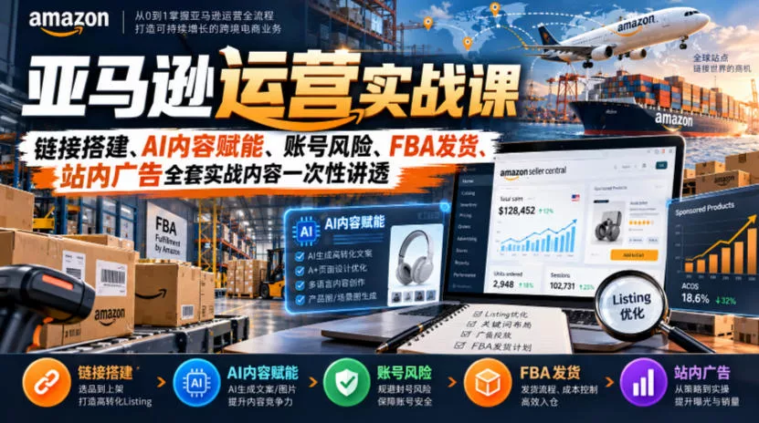 亚马逊运营实战课，链接搭建、AI内容赋能、账号风险、FBA发货、站内广告全套实战内容一次性讲透 - 来及网络