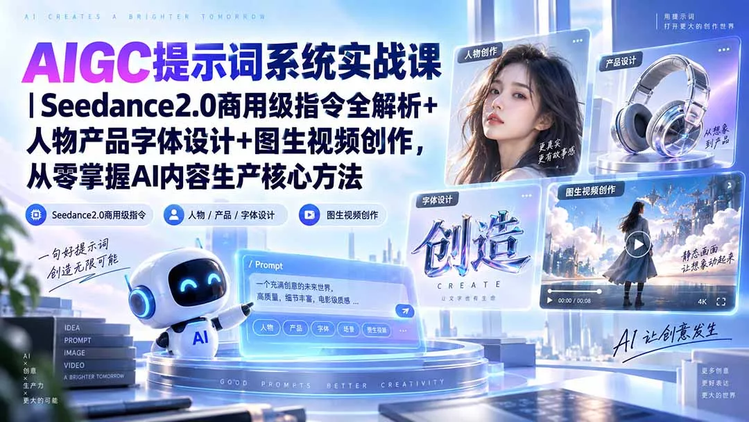 AIGC提示词系统实战课-无水印｜Seedance2.0商用级指令全解析+人物产品字体设计+图生视频创作，掌握AI内容生产方法 - 来及网络