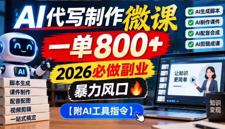 AI代写制作微课，一单800+，2026必做副业，暴力风口【附AI工具指令】【揭秘】 - 来及网络