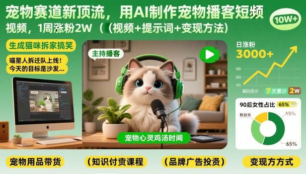 宠物赛道新顶流，用AI制作宠物播客短视频，1周涨粉2W(视频+提示词+变现方法) - 来及网络