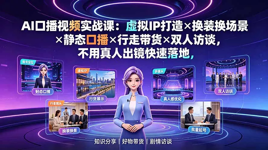 AI口播视频实战课：虚拟IP打造×换装换场景×静态口播×行走带货×双人访谈，不用真人出镜快速落地 - 来及网络