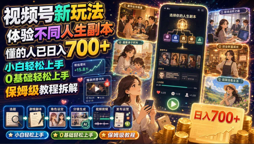 视频号新玩法体验不同人生副本，懂的人已日入700+，小白轻松上手，0基础轻松上手，保姆级教程拆解 - 来及网络