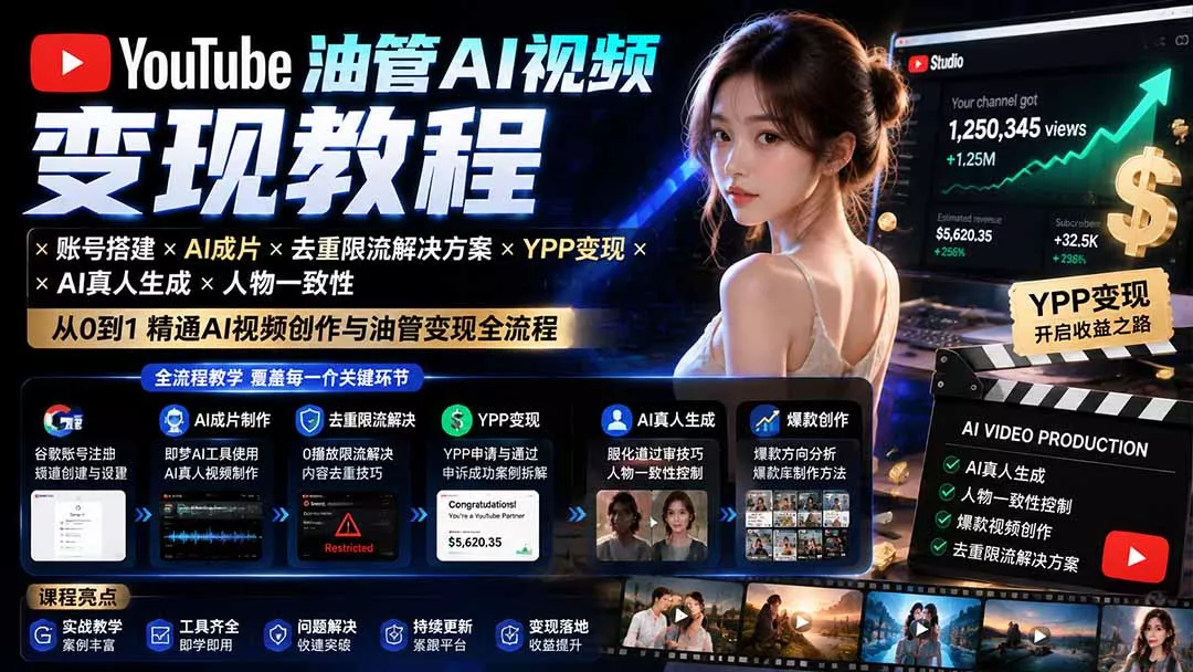 YouTube油管AI视频变现教程：账号搭建×AI成片×去重限流解决方案×YPP变现×AI真人生成×人物一致性 - 来及网络
