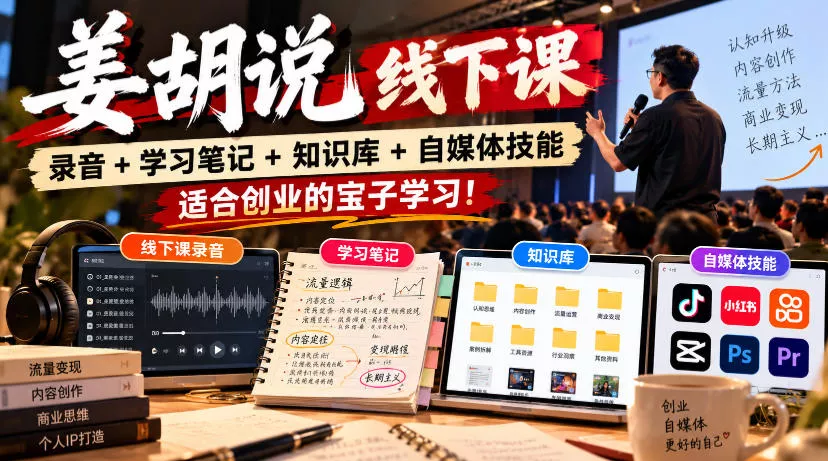 姜胡说线下课录音＋学习笔记＋知识库＋自媒体技能，适合创业的宝子学习！ - 来及网络