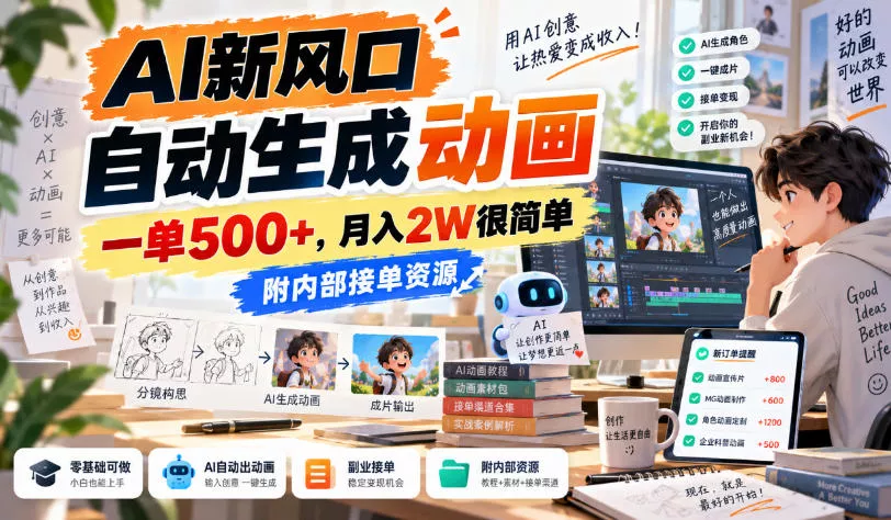 AI新风口，自动生成动画，一单500+，月入2W很简单，附内部接单资源【揭秘】 - 来及网络