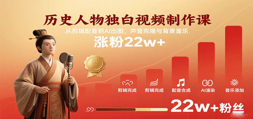 历史人物独白视频制作课，从剪辑配音到AI出图，声音克隆与背景音乐，涨粉22w+ - 来及网络