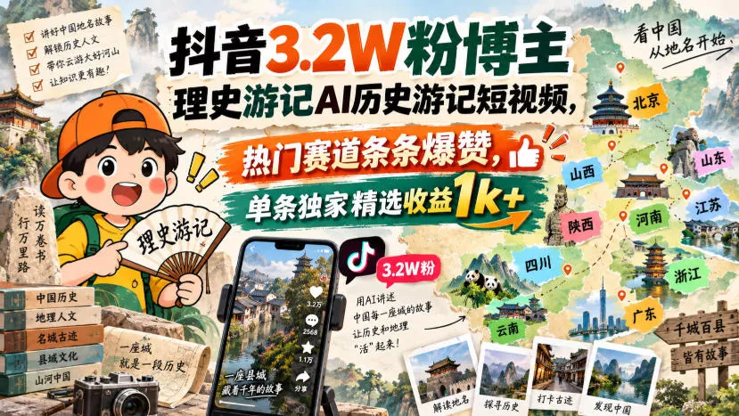 抖音3.2W粉博主理史游记AI历史游记短视频教学，热门赛道条条爆赞，单条独家精选收益1k+ - 来及网络