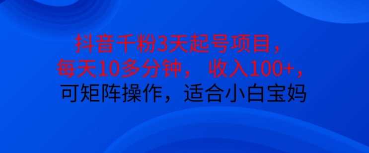 抖音干粉3天起号项目，每天10多分钟，收入100+，可矩阵操作，适合小白宝妈 - 来及网络