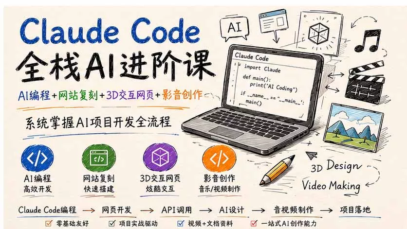 Claude Code全栈AI进阶课-更新；AI编程+网站复刻+3D交互网页+影音创作，系统掌握AI项目开发全流程 - 来及网络