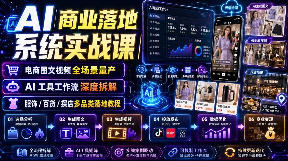 AI商业落地系统实战课｜电商图文视频全场景量产・AI工具工作流深度拆解・服饰/百货/探店多品类落地教程 - 来及网络
