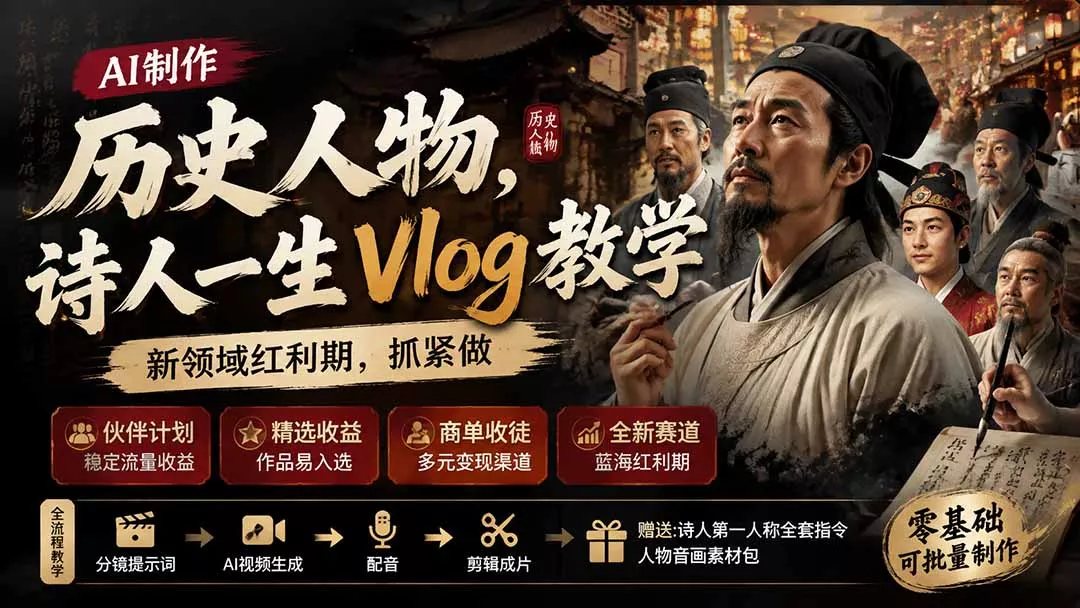 历史人物，诗人一生Vlog教学， AI制作丨伙伴计划丨精选收益丨商单收徒 ，新领域红利期，抓紧做 - 来及网络
