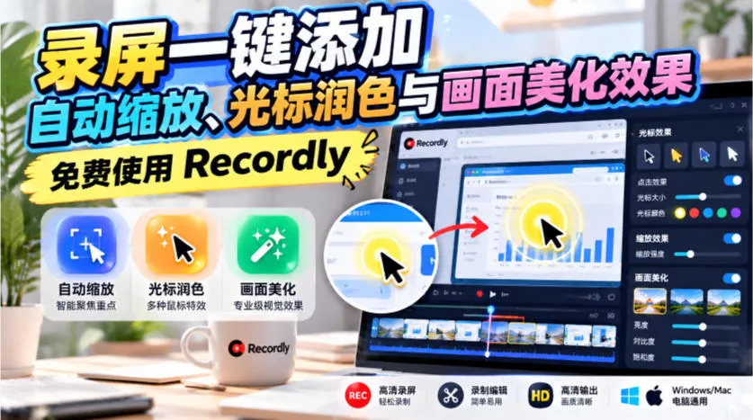 录屏一键添加自动缩放、光标润色与画面美化效果，免费使用Recordly - 来及网络