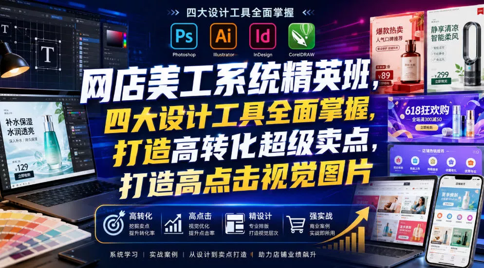 网店美工系统精英班，四大设计工具全面掌握，打造高转化超级卖点，打造高点击视觉图片(2026年7月) - 来及网络