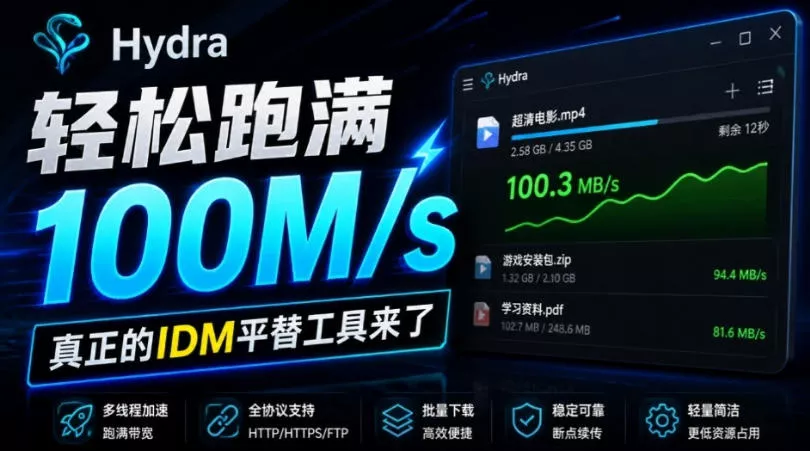 轻松跑满100M/s，真正的IDM平替工具来了，开源多线程器，支持浏览器拓展，一键智能加速Hydra Download Manager - 来及网络