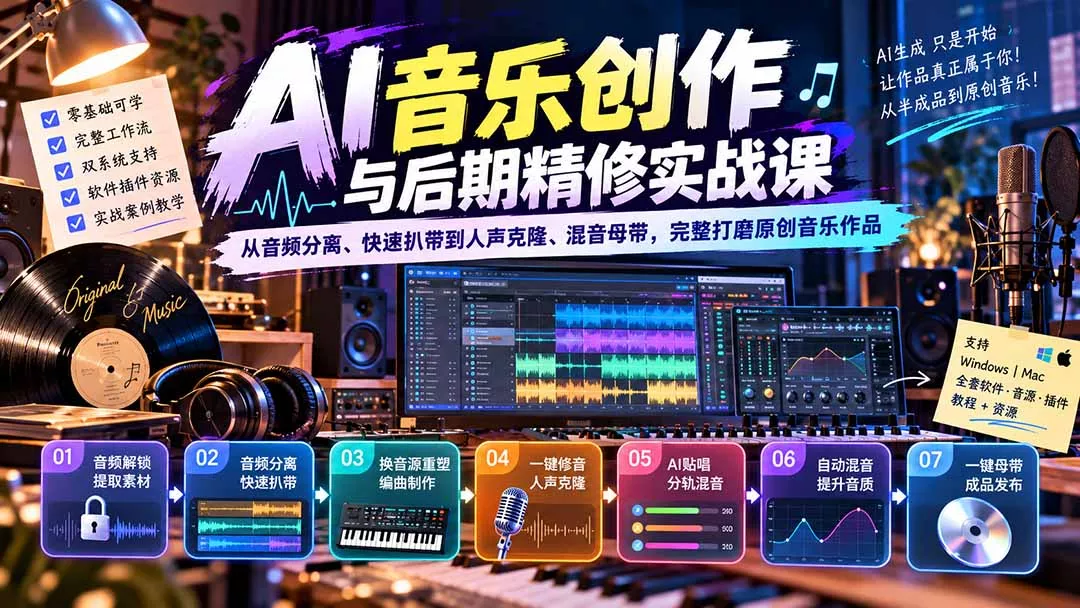AI音乐创作与后期精修实战课：从音频分离、快速扒带到人声克隆、混音母带，完整打磨原创音乐作品 - 来及网络
